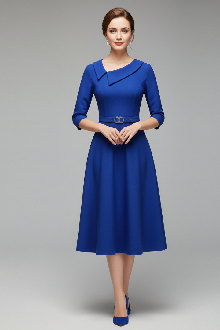 Women's 3/4 Sleeve Festive Dress with Asymmetrical Neckline and Belt