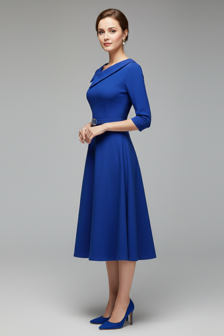 Women's 3/4 Sleeve Festive Dress with Asymmetrical Neckline and Belt