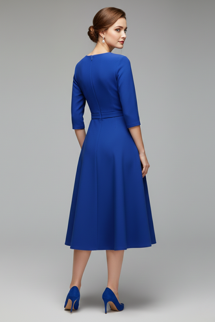Women's 3/4 Sleeve Festive Dress with Asymmetrical Neckline and Belt