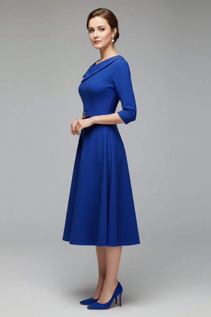 Women's 3/4 Sleeve Festive Dress with Asymmetrical Neckline and Belt