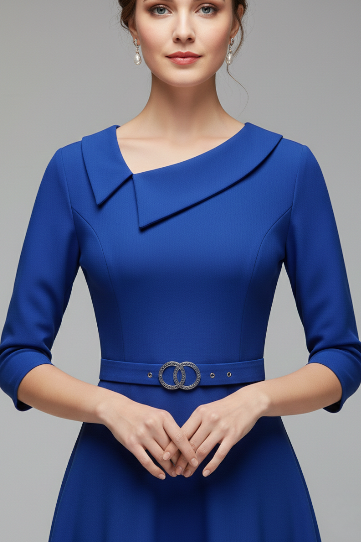 Women's 3/4 Sleeve Festive Dress with Asymmetrical Neckline and Belt