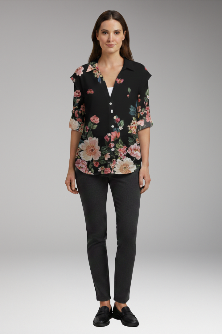 Women’s Blouse with Floral Design and Contrast Pattern