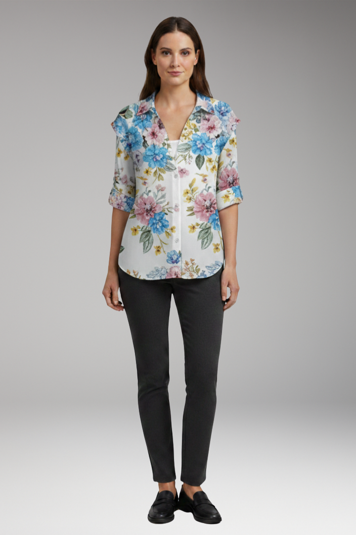 Women’s Blouse with Floral Design and Contrast Pattern