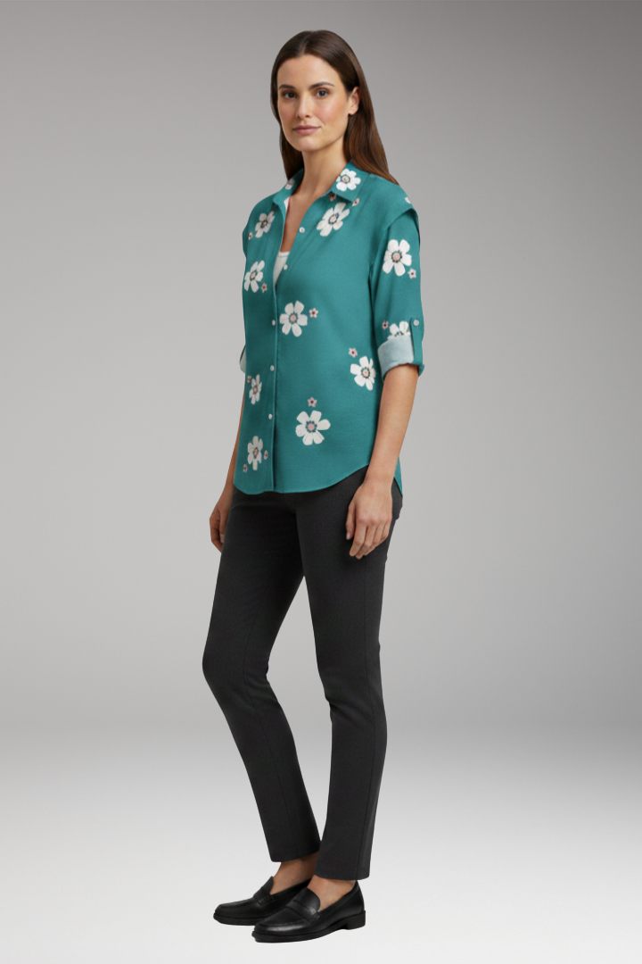 Women’s Blouse with Floral Print and Button Placket