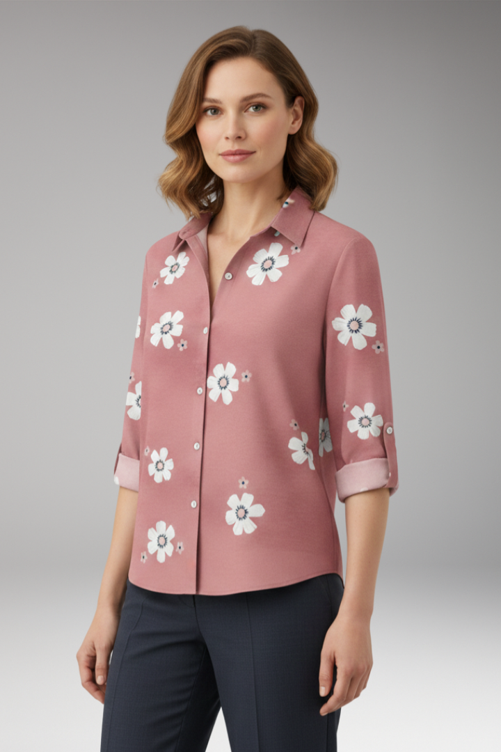 Women’s Blouse with Floral Print and Button Placket