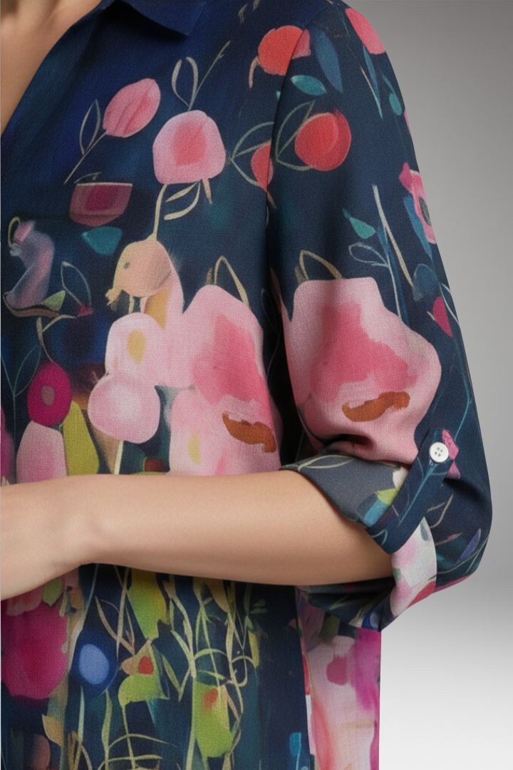 Women’s Blouse with Floral Print and Rolled Sleeves