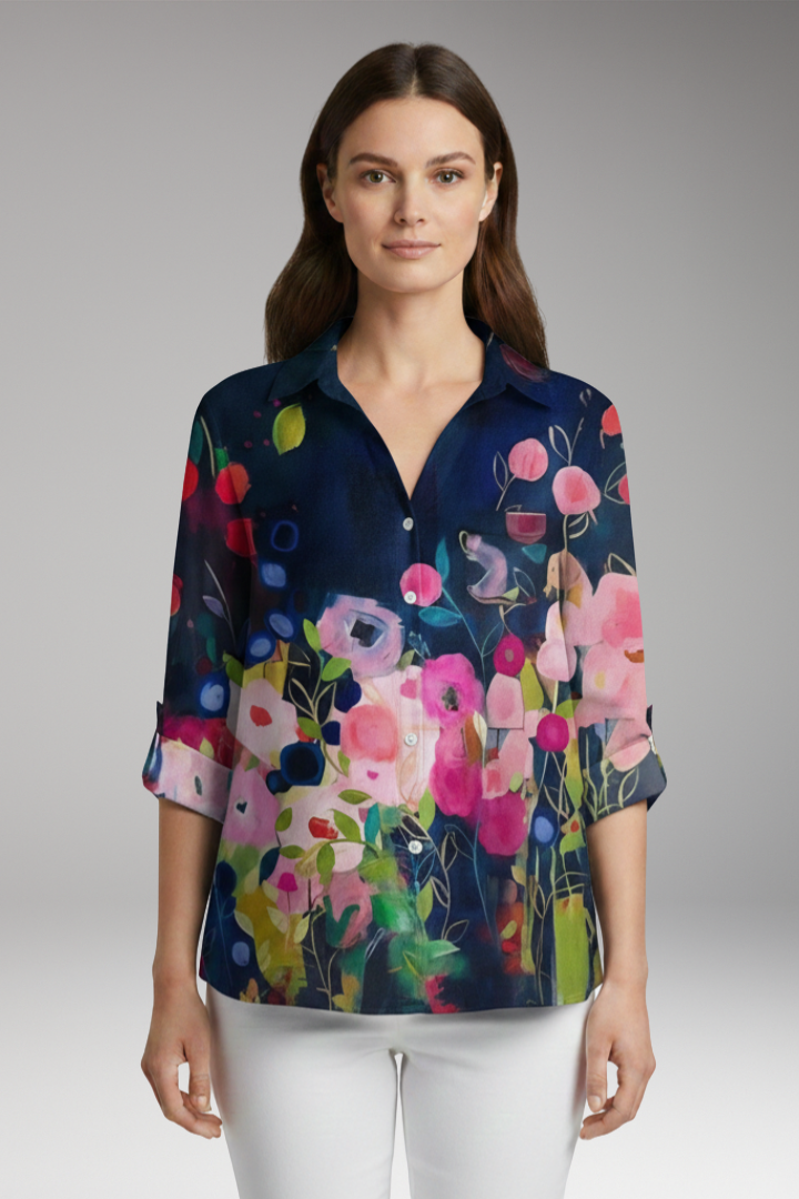 Women’s Blouse with Floral Print and Rolled Sleeves