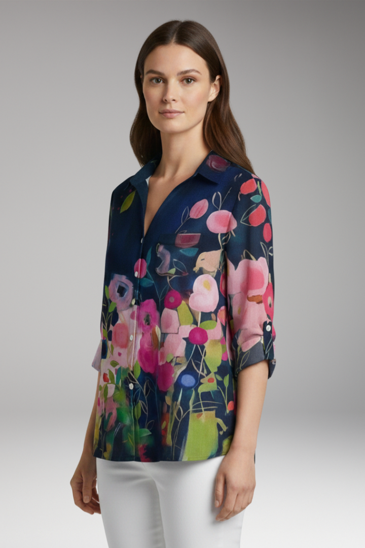 Women’s Blouse with Floral Print and Rolled Sleeves