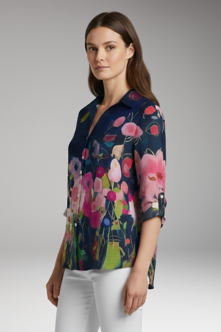 Women’s Blouse with Floral Print and Rolled Sleeves