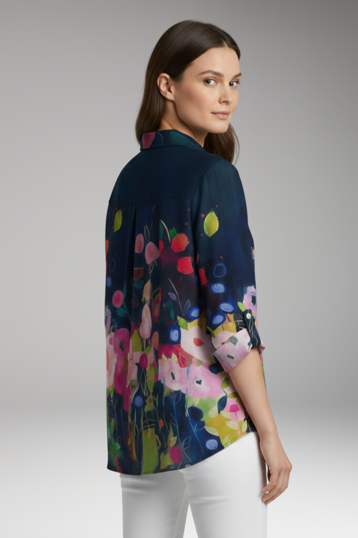 Women’s Blouse with Floral Print and Rolled Sleeves