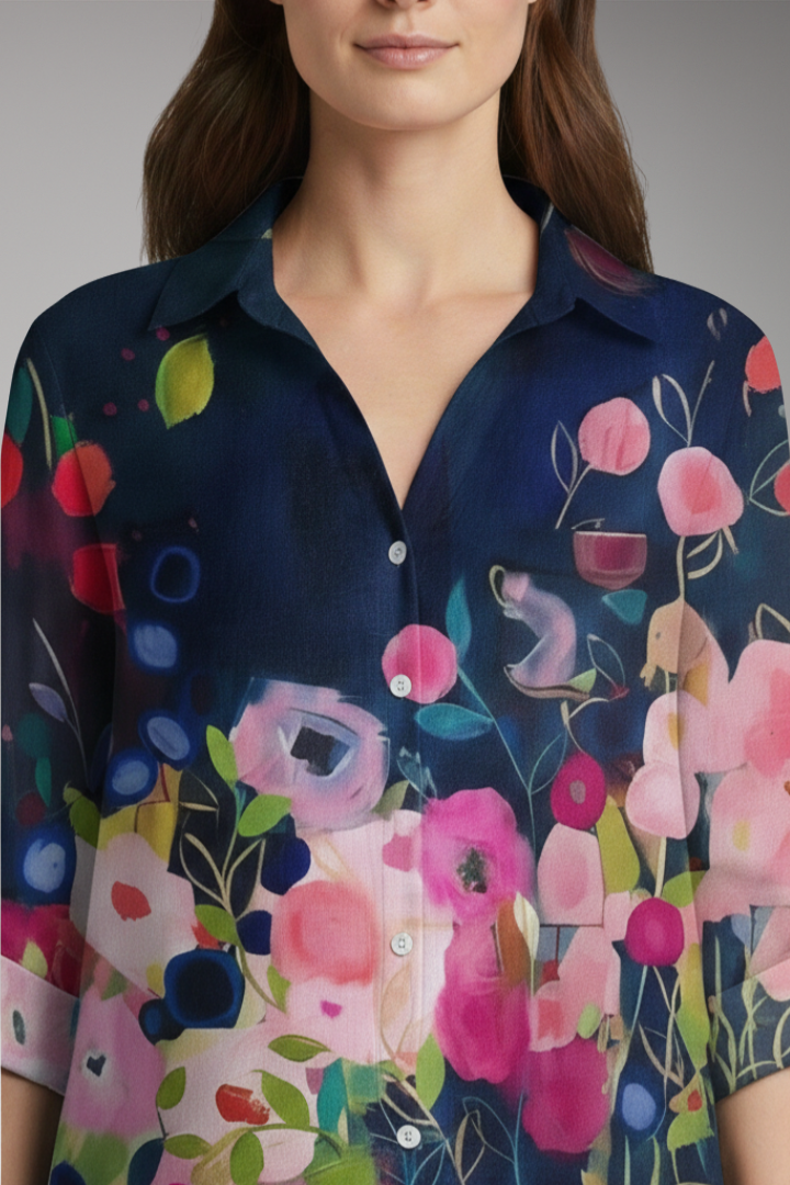 Women’s Blouse with Floral Print and Rolled Sleeves