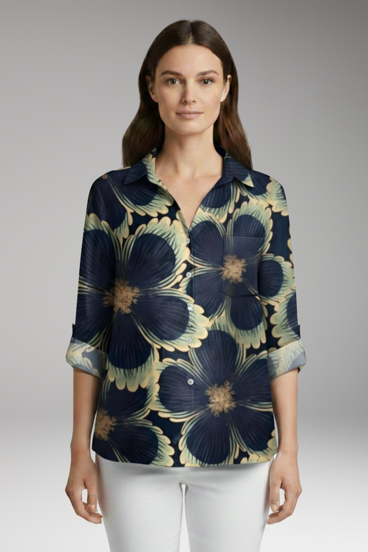 Women’s Blouse with Floral Print and Rolled Sleeves
