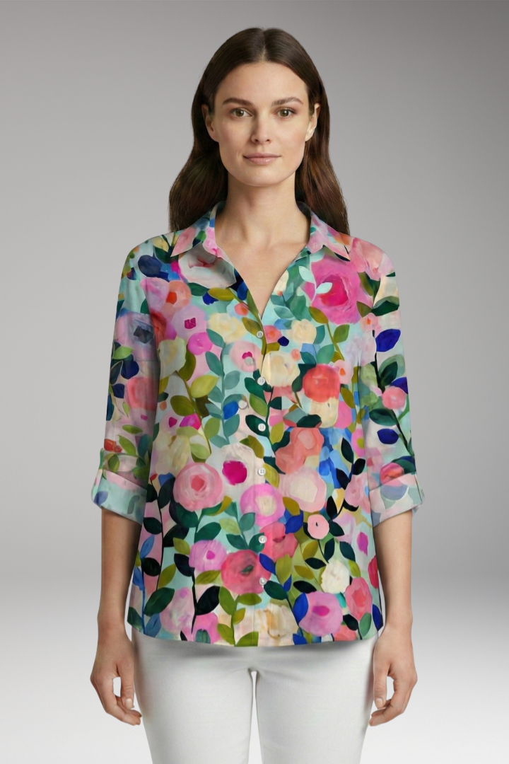 Women’s Blouse with Floral Print and Rolled Sleeves