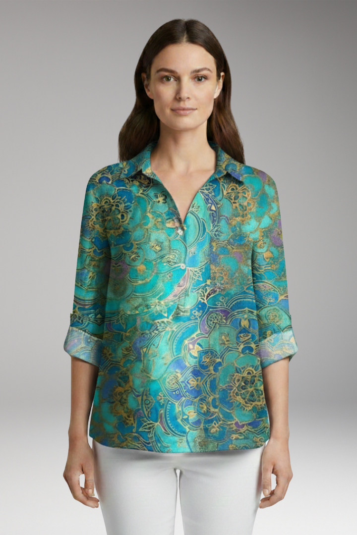 Women’s Blouse with Floral Print and Rolled Sleeves