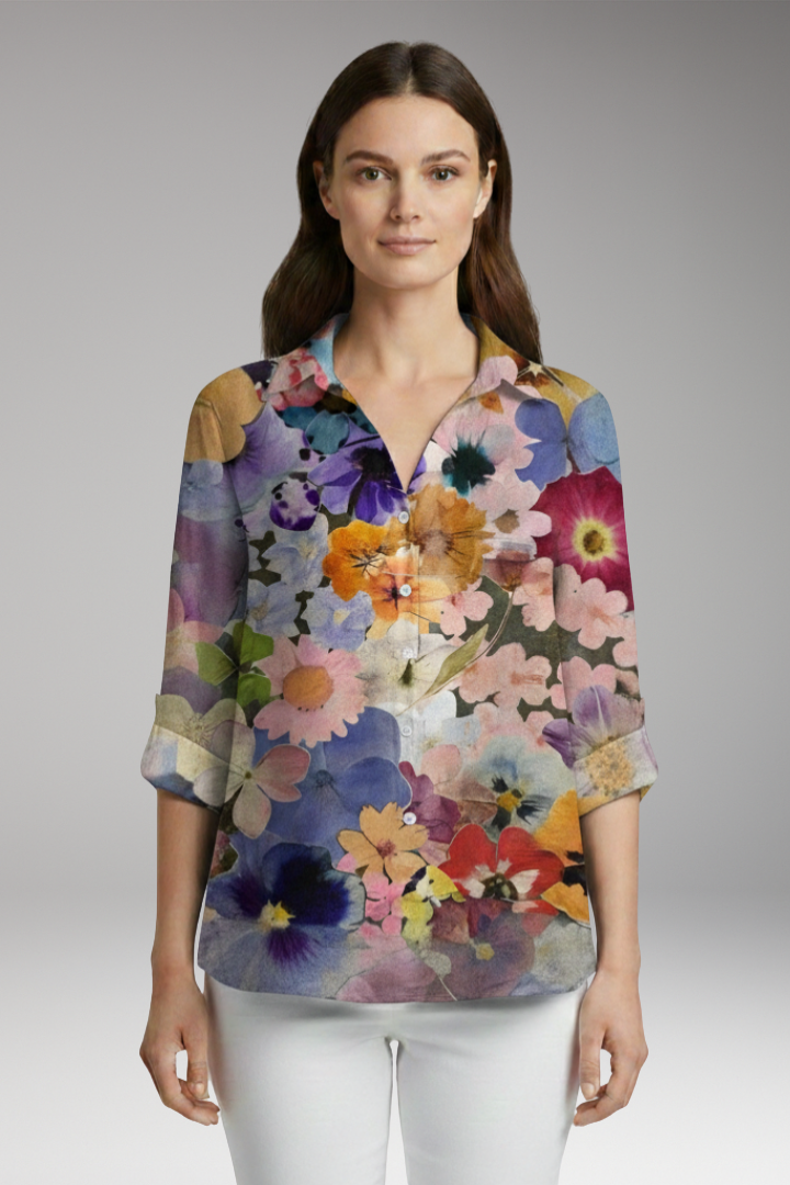 Women’s Blouse with Floral Print and Rolled Sleeves