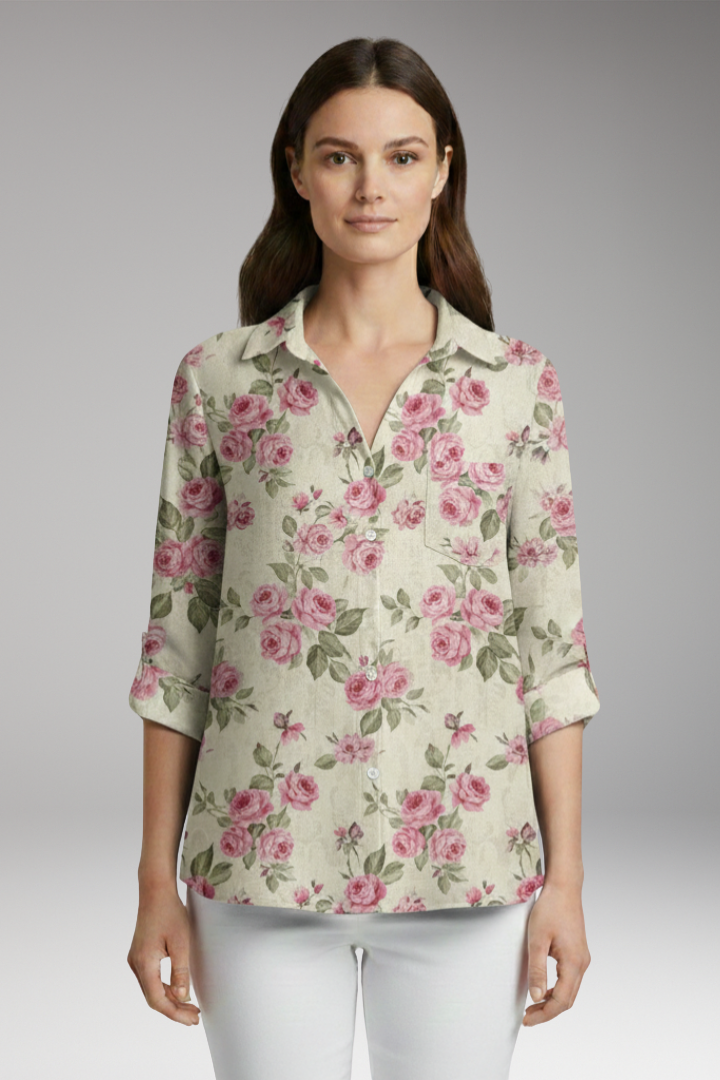 Women’s Blouse with Floral Print and Rolled Sleeves