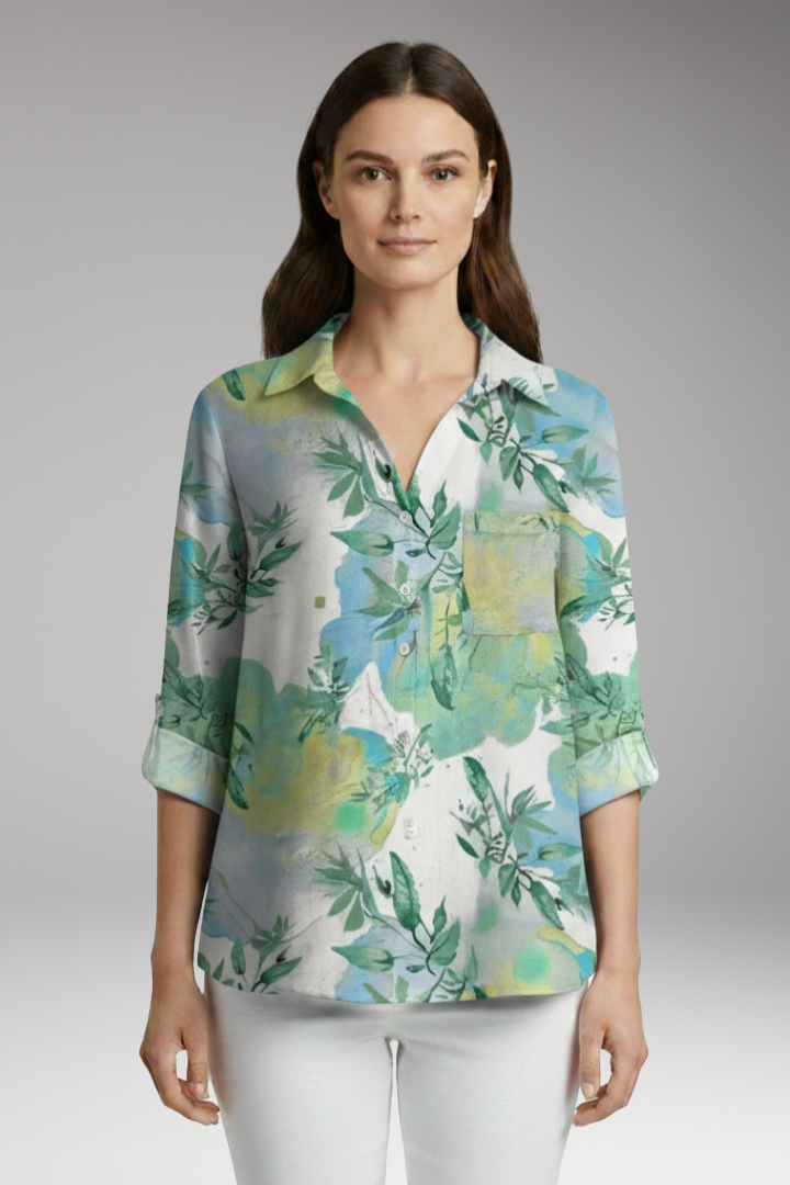 Women’s Blouse with Floral Print and Rolled Sleeves