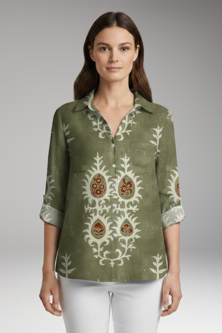 Women’s Blouse with Floral Print and Rolled Sleeves