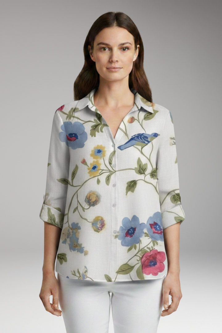 Women’s Blouse with Floral Print and Rolled Sleeves