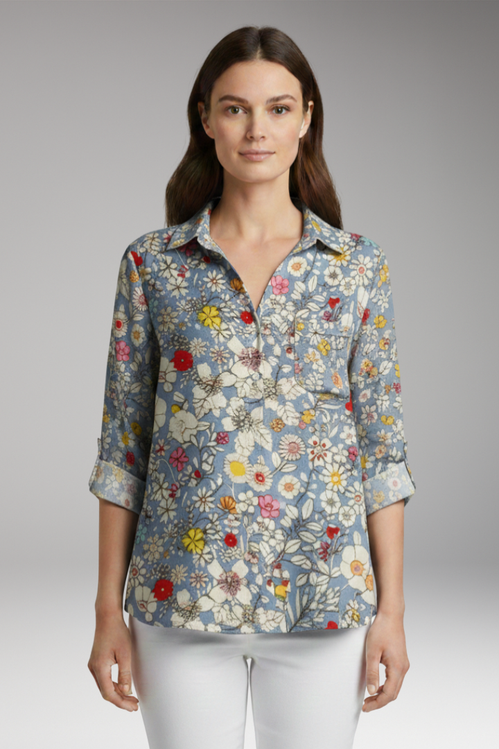 Women’s Blouse with Floral Print and Rolled Sleeves