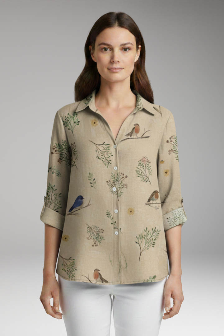Women’s Blouse with Floral Print and Rolled Sleeves