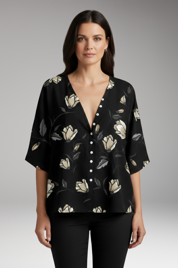 Women’s Blouse with Floral Print and V-Neck