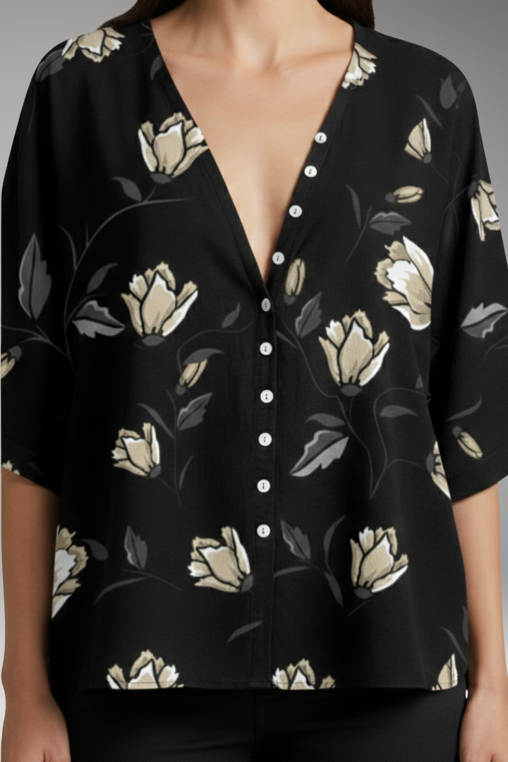 Women’s Blouse with Floral Print and V-Neck