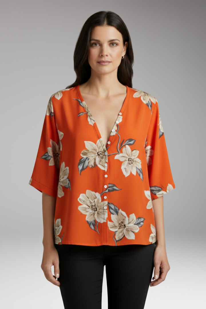 Women’s Blouse with Floral Print and V-Neck
