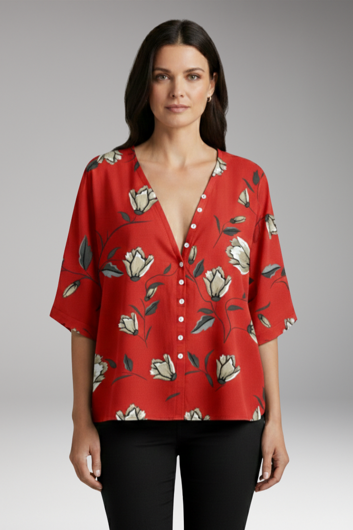 Women’s Blouse with Floral Print and V-Neck