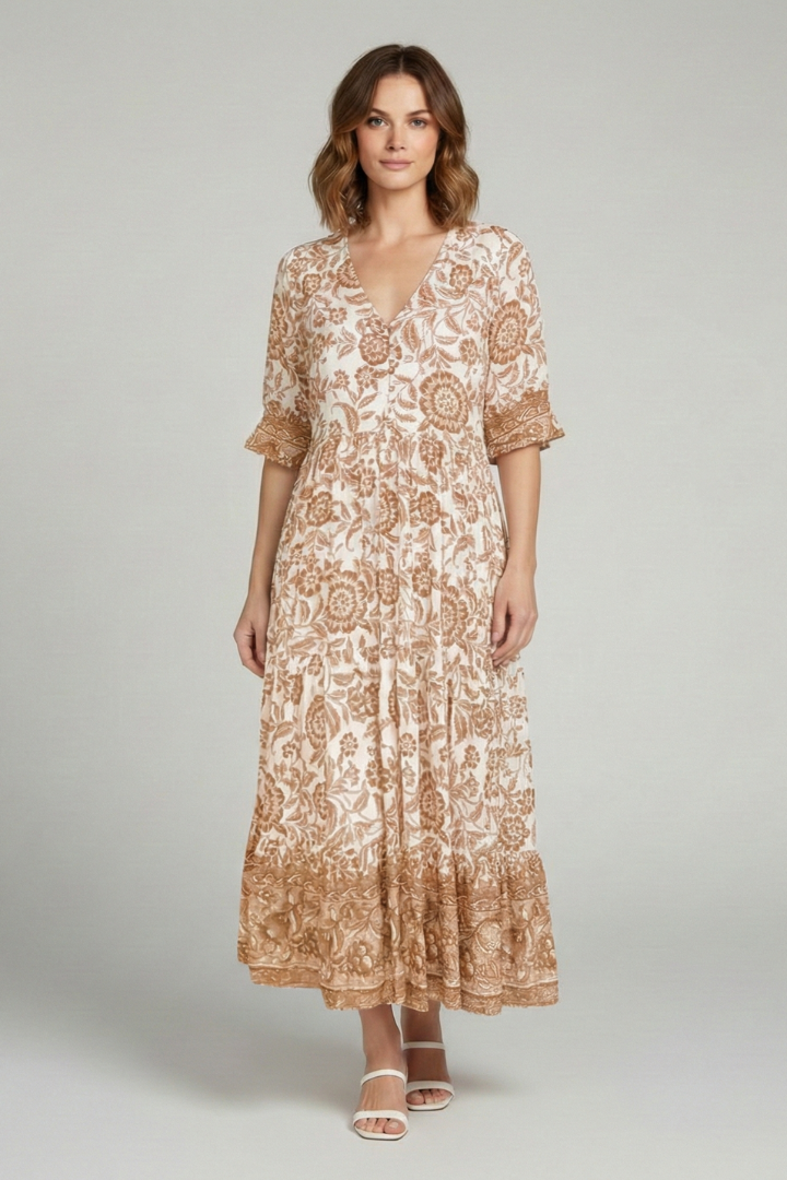 Women's Boho Floral Dress with V-Neck and Relaxed Fit