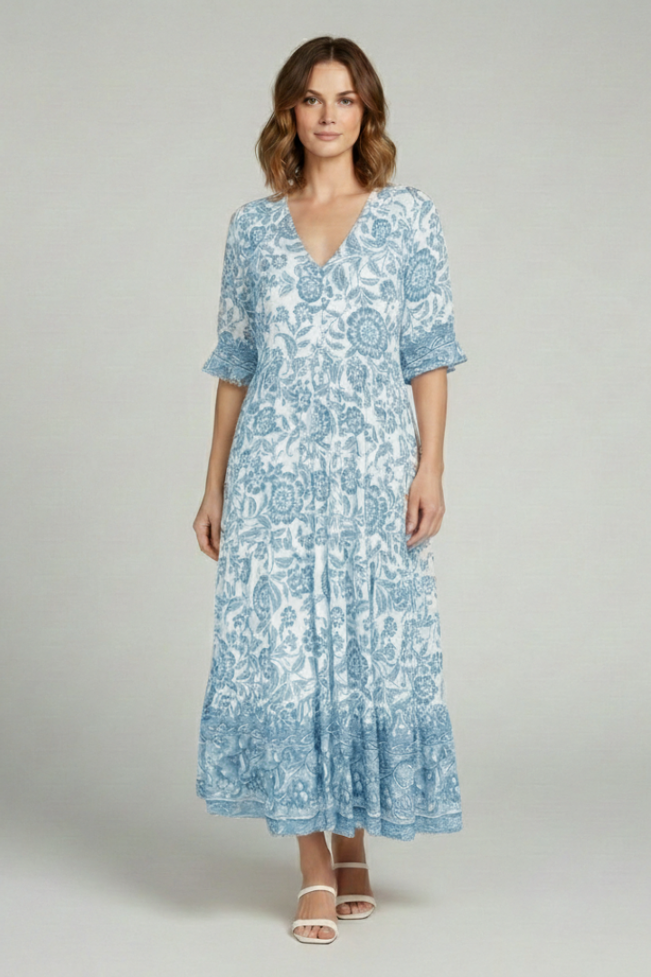 Women's Boho Floral Dress with V-Neck and Relaxed Fit