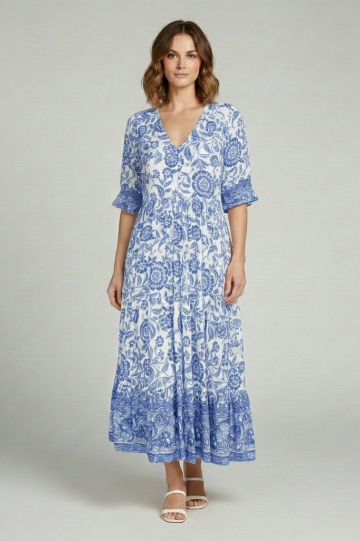 Women's Boho Floral Dress with V-Neck and Relaxed Fit