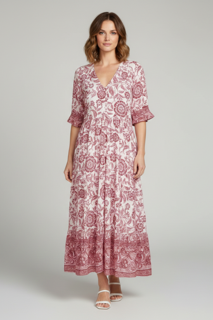 Women's Boho Floral Dress with V-Neck and Relaxed Fit