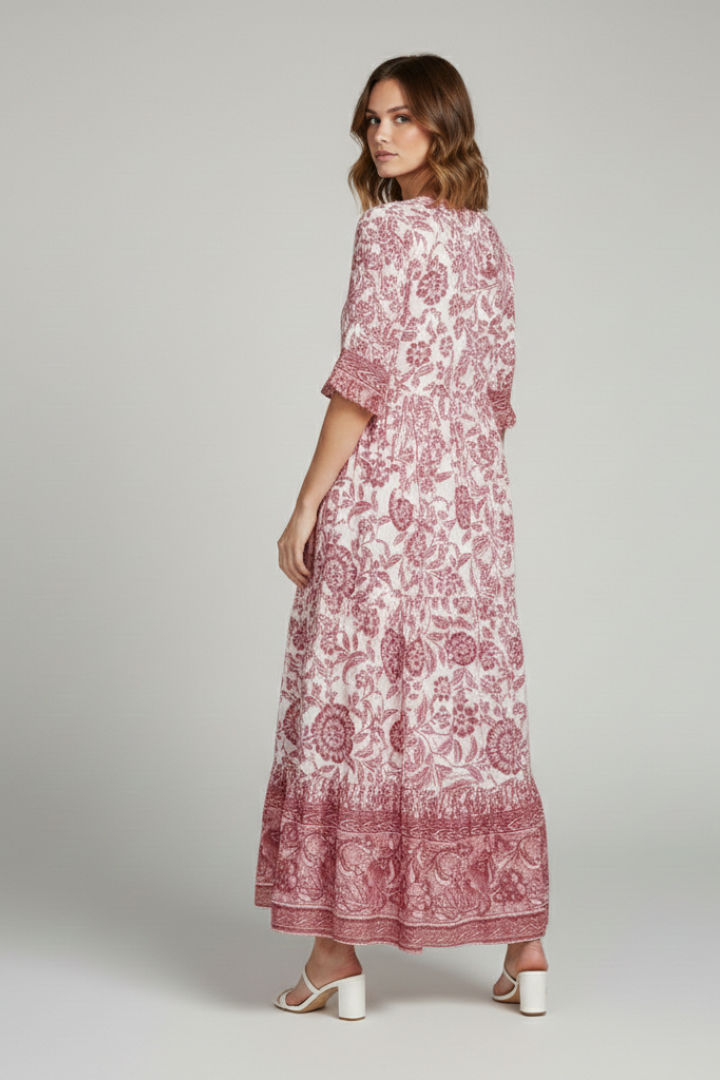 Women's Boho Floral Dress with V-Neck and Relaxed Fit