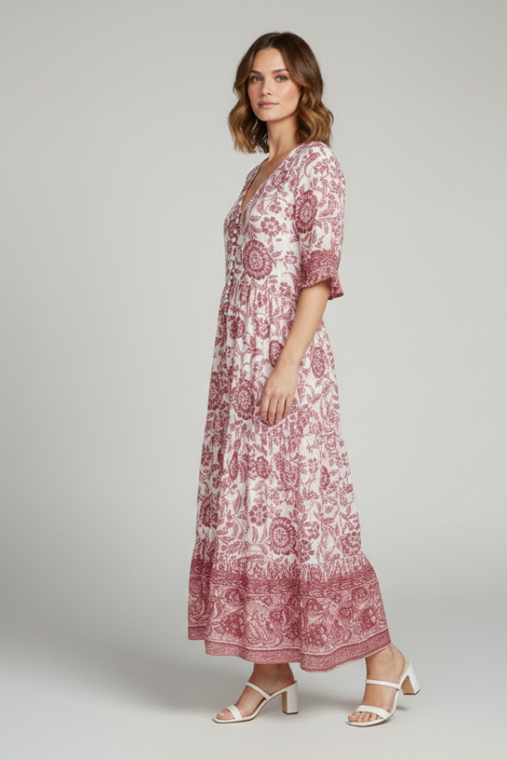 Women's Boho Floral Dress with V-Neck and Relaxed Fit
