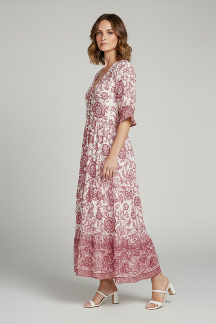 Women's Boho Floral Dress with V-Neck and Relaxed Fit