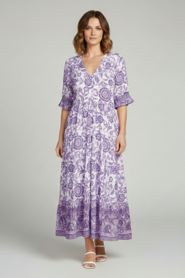 Women's Boho Floral Dress with V-Neck and Relaxed Fit