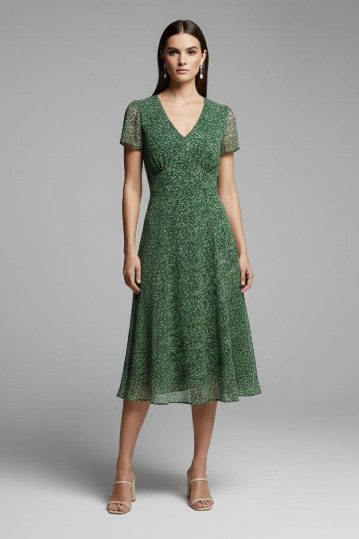 Women's Dress with V-Neck and Flowing Hem