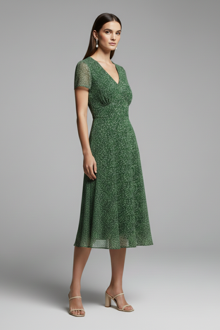 Women's Dress with V-Neck and Flowing Hem