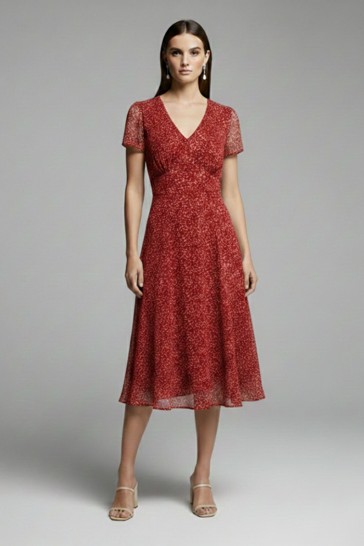 Women's Dress with V-Neck and Flowing Hem