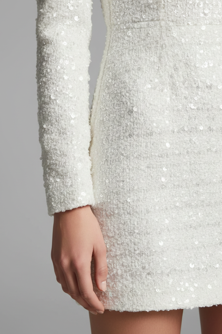 Women's Flared Short Dress with Sequin Embellishments and Round Neckline