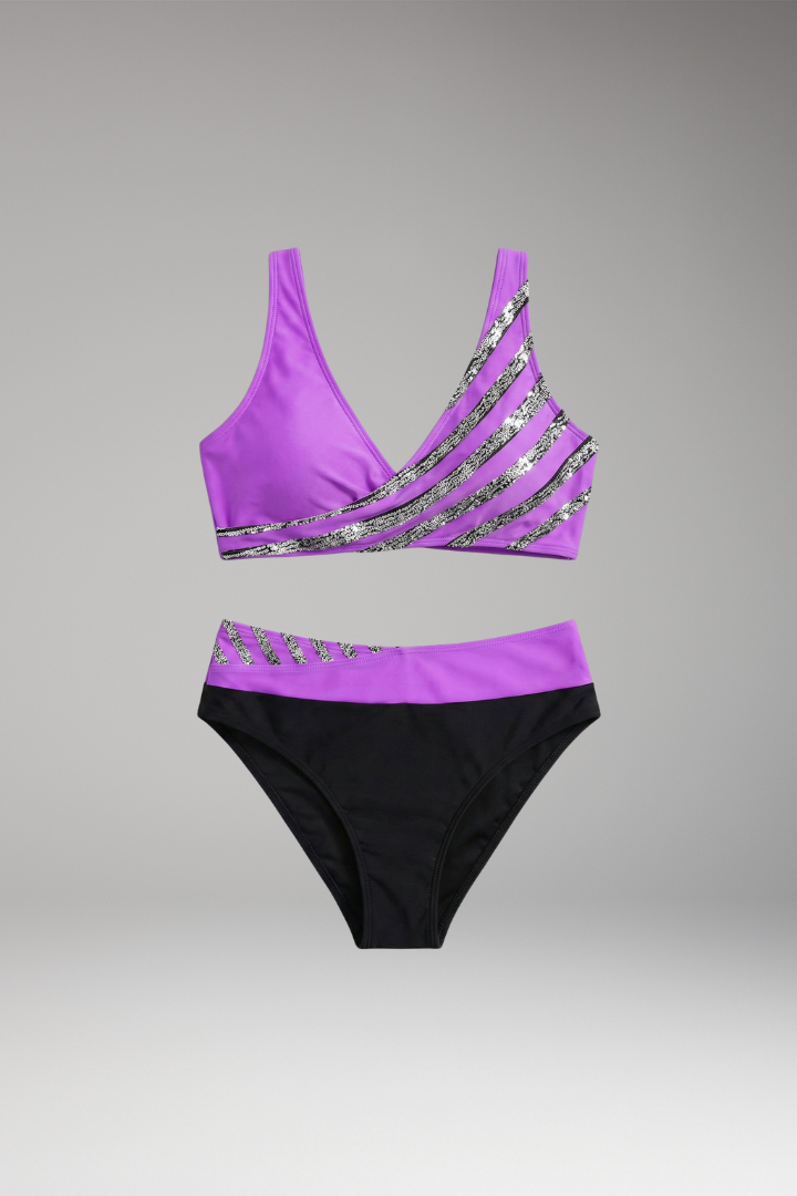 Women’s Glitter Striped Bikini with High-Waisted Bottoms