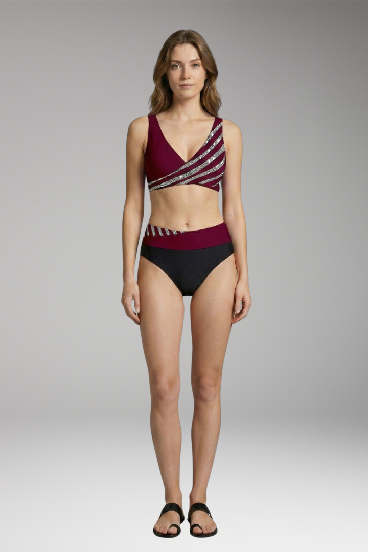Women’s Glitter Striped Bikini with High-Waisted Bottoms