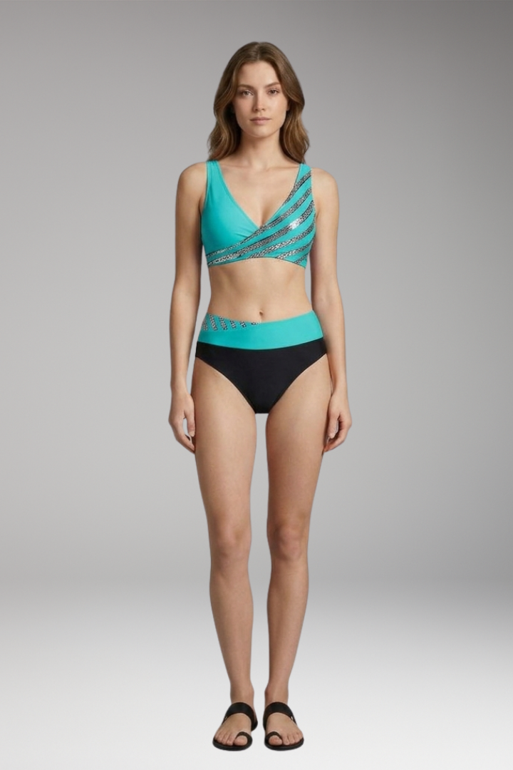 Women’s Glitter Striped Bikini with High-Waisted Bottoms