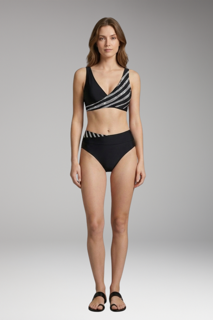 Women’s Glitter Striped Bikini with High-Waisted Bottoms