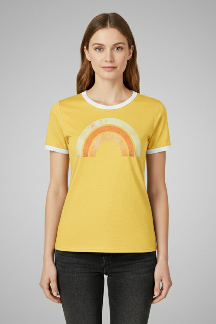 Women's Graphic T-shirt with Short Sleeves and Rainbow Design