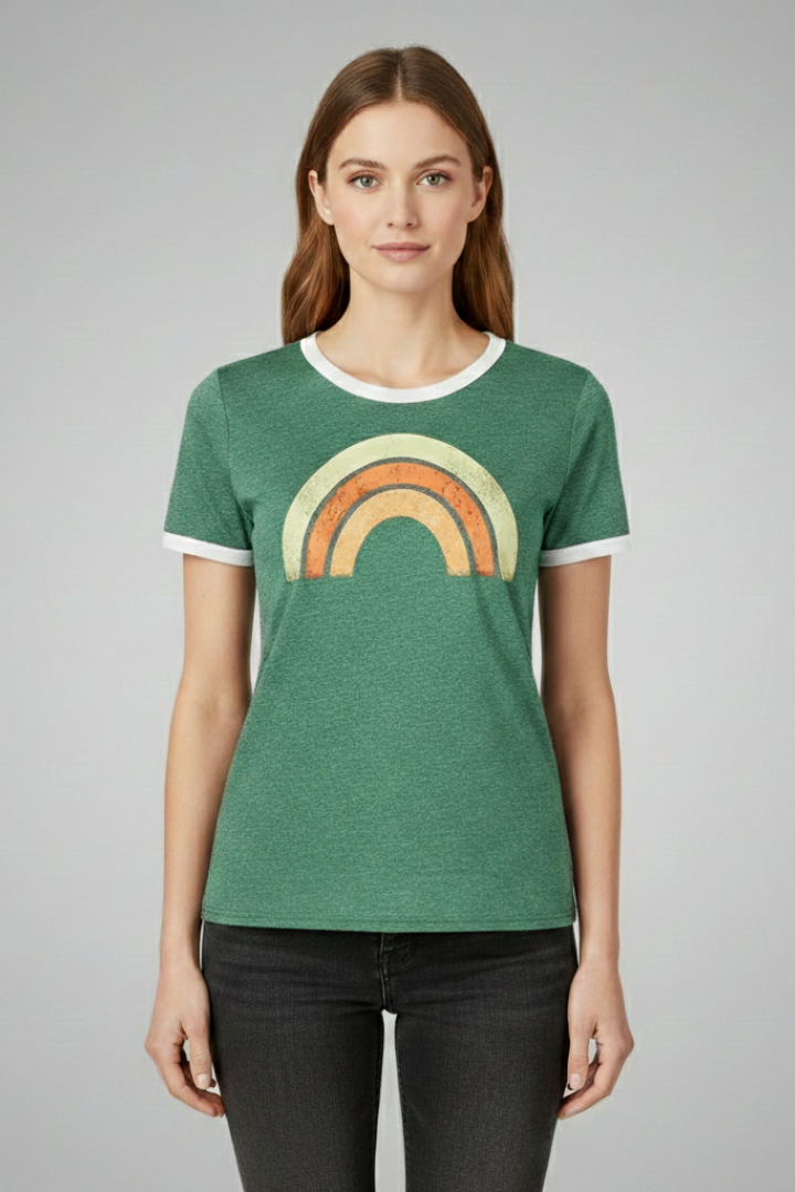 Women's Graphic T-shirt with Short Sleeves and Rainbow Design