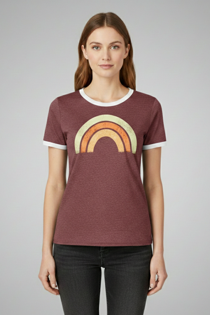 Women's Graphic T-shirt with Short Sleeves and Rainbow Design