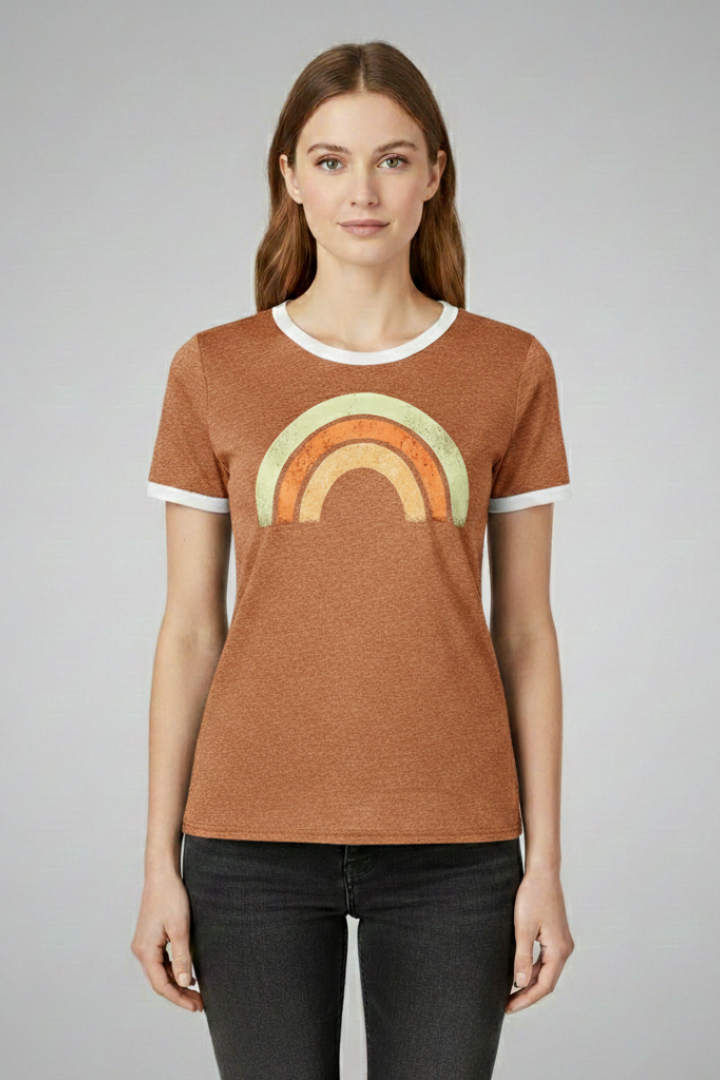 Women's Graphic T-shirt with Short Sleeves and Rainbow Design