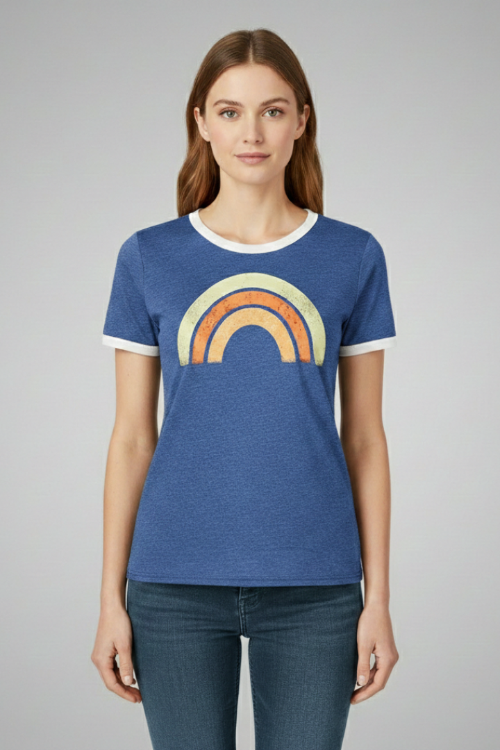 Women's Graphic T-shirt with Short Sleeves and Rainbow Design